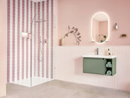 Green Skyla washbasin vanity unit on a washbasin in pink Bathroom Modern bathroom with pink and white striped shower, oval mirror, wall-mounted washbasin and light-coloured wooden floor.