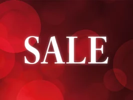 SALE White text with the word ‘SALE’ on a red background with circular light patterns.