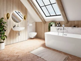 A modern bathroom with a bath, a wall-mounted washbasin, a round mirror and a toilet from the O.novo collection. A large skylight and a potted plant create an attractive effect. Wooden accents and herringbone tiles add a rustic note to the room.