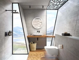 Modern bathroom with concrete walls, a large window with a view of a lake, a round Subway 3.0 mirror and a white Loop & Friends surface-mounted washbasin