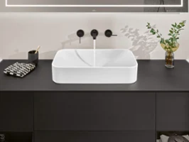 Modern bathroom washbasin with a square design on a black countertop, with a chrome tap and a decorative plant