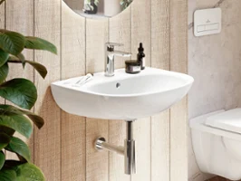 Un lavabo avec un distributeur de savon cylindrique et un porte-brosse à dents, avec un mur en bois structuré. À gauche, se trouvent des plantes vertes et à droite, une partie des toilettes.