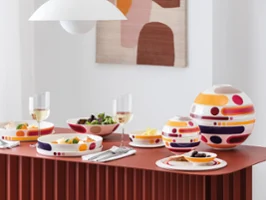 La Boule Miami next to petite miami on a modern tablesetting paired with NewMoon glassware.