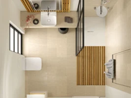 Top view of a minimalist bathroom with beige tiles, a shower area, a toilet, a washbasin with a wood-framed mirror and a window providing natural light. A potted plant adds a decorative touch.