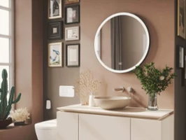 Un intérieur de salle de bains moderne avec un miroir rond Subway 3.0 et des plantes décoratives sous un éclairage doux et naturel