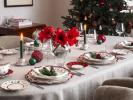 A festive dining table setting with elegant Toy's Delight crockery, lit candles, red flowers in a vase and Christmas decorations, with a decorated Christmas tree in the background.