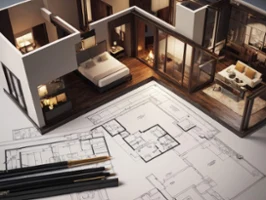 Un plan de construction architectural pour une maison moderne de deux étages avec de grandes fenêtres, des notes de bois et un coin salon extérieur, le tout intégré dans un environnement de banlieue verdoyant.