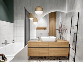 Modern light bathroom design with a terrazzo floor, white tiles, wooden cabinets, a bath from Villeroy & Boch and decorative plants.