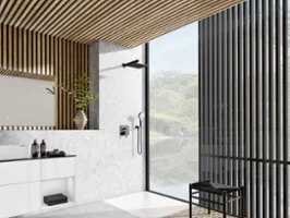 Un receveur de douche Le Valence blanc, sans rebord, dans une salle de bains moderne de Villeroy & Boch avec des boiseries.
