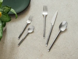 Five like cutlery pieces from like.by Villeroy & Boch- fork, knife, spoon, dessert fork and teaspoon Five pieces of cutlery in Villeroy & Boch style - fork, knife, spoon, dessert fork and teaspoon - are arranged on a light-coloured stone surface next to a green plate and a plant.