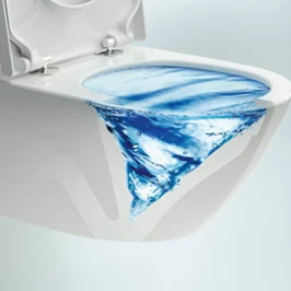Des WC suspendus blancs avec un tourbillon d’eau à l’intérieur de la cuvette, représentés sur un fond bleu clair
