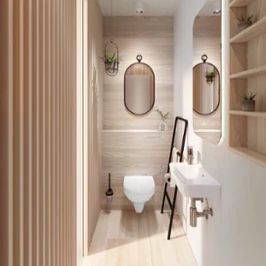 Une salle de bains moderne pour les invités avec des panneaux en bois, des WC suspendus blanc et un petit lavabo de la marque Villeroy & Boch.