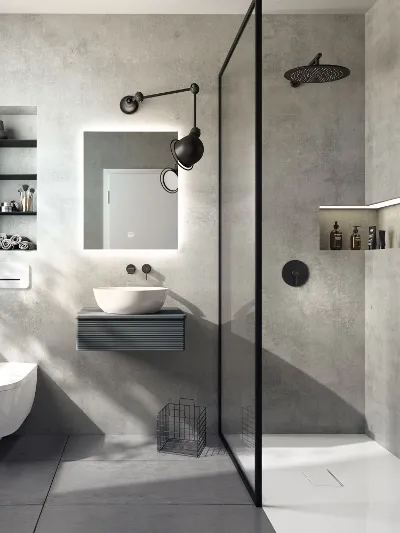 Badezimmer im All Beige Stil Country Progressive Badezimmer in Beige mit elegantem Finion Waschtisch, weißem Memento 2.0-Waschbecken, begehbarer Dusche mit beige strukturierten Fliesen und freistehender Finion Badewanne von Villeroy & Boch.