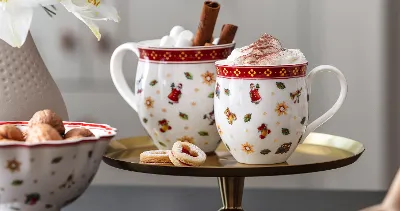 Christmas drinks served in Toy's Delight mugs