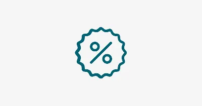 A teal percentage symbol in a jagged badge icon on a plain background. 