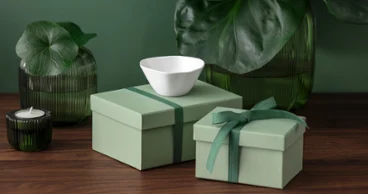 Two green gift boxes stand on a wooden surface, next to a white Pura bowl Two green gift boxes with ribbons stand on a wooden surface, next to them a white Pura bowl and green glass containers with plants.