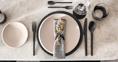 Modern table decoration with NewMoon crockery in beige and black Manufacture cutlery.