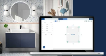 A view of the Villeroy & Boch bathroom planner is open on a laptop. In the background is a representation of the bathroom.