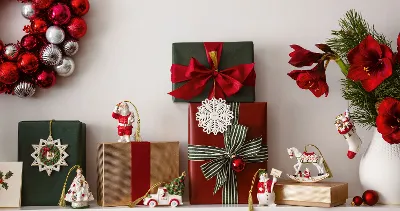 Festive decoration with wrapped presents, a wreath of red and silver baubles and festive Christmas Classic ornaments, neatly arranged on a white surface.