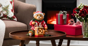 A teddy bear in pajamas, holding a lantern from Villeroy & Boch, sits on a coffee table next to gifts and flowers in a living room with a lit fireplace.