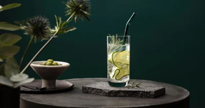 Glas von La Divina von Villeroy & Boch stilvoll serviert Ein La Divina Glas mit Gurkenscheiben und Rosmarin, auf einer Steinfläche mit grünem Hintergrund. Ein Artesano Glasstrohhalm steckt im Getränk und daneben steht eine Schale mit Oliven.