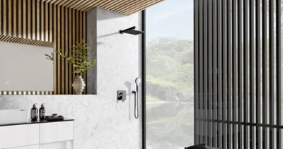 White, rimless Le Valence shower tray in a modern bathroom A white rimless Le Valence shower tray in a modern bathroom by Villeroy & Boch with wood panelling.