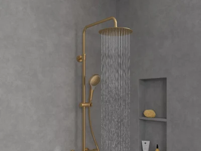 Antao natural bathroom with Infinity Shower shower taps Modern bathroom with grey tiled walls, a wall-mounted toilet, a white washbasin with a mirror, black taps, a glazed shower and open shelves.