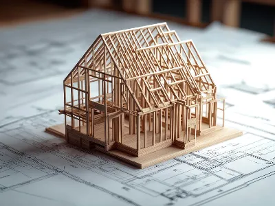 Illustration of a modern house combining architectural drawings and realistic elements, with solar panels on the roof, wooden decking and surrounding greenery.