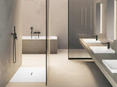 Une céramique de salle de bains Subway 3.0 de Villeroy & Boch avec des robinetteries Salle de bains moderne et minimaliste avec des murs beiges, une grande baignoire, une douche à l’italienne avec des robinetteries noires et un plan double sous des miroirs rectangulaires. Une vitre opaque sépare la zone de la baignoire.