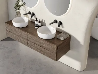 A modern bathroom with two washbasins and black taps from the Antao collection by Villeroy & Boch.