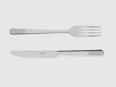 Auf einem schlichten hellen Hintergrund sind Gabel und Messer aus Edelstahl parallel zueinander angeordnet.