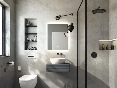 Country Progressive Badezimmer in Beige mit elegantem Finion Waschtisch, weißem Memento 2.0-Waschbecken, begehbarer Dusche mit beige strukturierten Fliesen und freistehender Finion Badewanne von Villeroy & Boch.