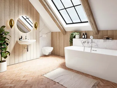A modern bathroom with a bath, a wall-mounted washbasin, a round mirror and a toilet from the O.novo collection. A large skylight and a potted plant create an attractive effect. Wooden accents and herringbone tiles add a rustic note to the room.