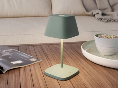  A green table lamp stands on a wooden coffee table next to a bowl and an open magazine, with a sofa in the background. 
