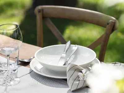 Un’elegante scena di tavola all’aperto con un piatto Artesano e una ciotola per pasta coordinata in porcellana premium, completata da posate raffinate – il perfetto equilibrio tra fascino naturale e raffinatezza.