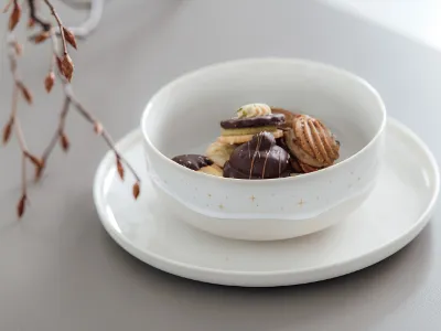 A Winter Glow bowl with various biscuits on a Winter Glow plate with decorative twigs in the background.