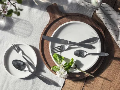 Elegant table decoration with simple white plates and Arthur Brushed stainless steel cutlery, accentuated by natural light and a sprig of flowers.