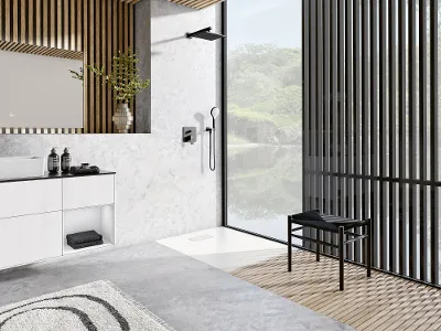 Eine weiße, randlose Le Valence Duschwanne in einem modernen Bad von Villeroy & Boch mit Holzvertäfelung.
