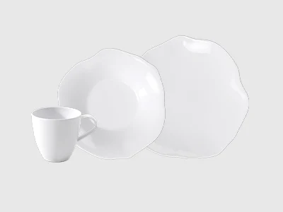 An arrangement of two plates and a cup, pura, presented on a light background.
