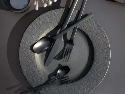 Une décoration de table élégante avec des couverts de table Manufacture modernes sur des assiettes Manufacture noires avec une branche décorative et un verre d’eau.