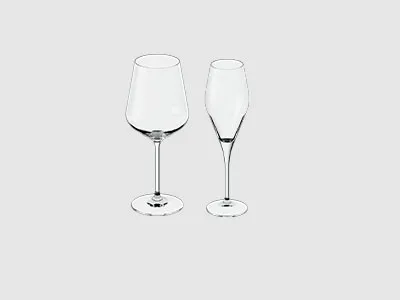Ein Weinglas und ein Champagnerglas, beide leer, stehen nebeneinander auf einem schlichten hellen Hintergrund.