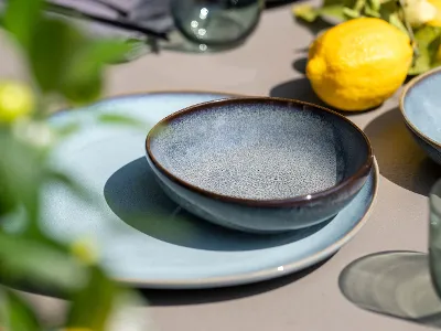 Blue ceramic bowl and plate on a table with glasses, lemons and green plants in the background.