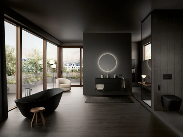 Luxe zwarte badkamer Luxe zwarte badkamer met vrijstaand Theano bad en Finion wastafelmeubel