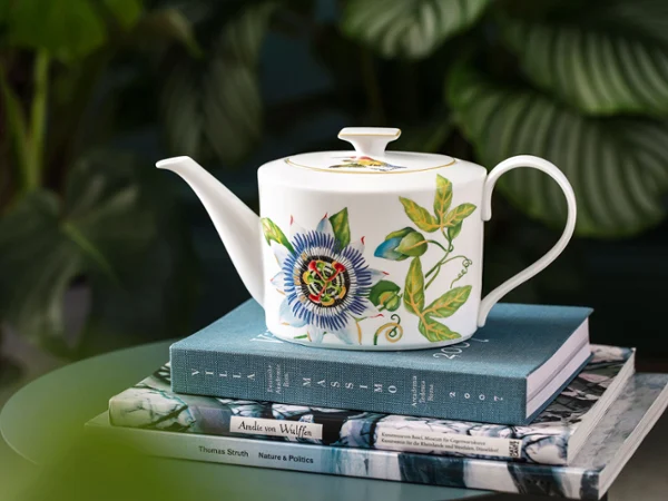 Teapot from the Amazonia collection by Villeroy & Boch, decorated with plant motifs, on stacked books.