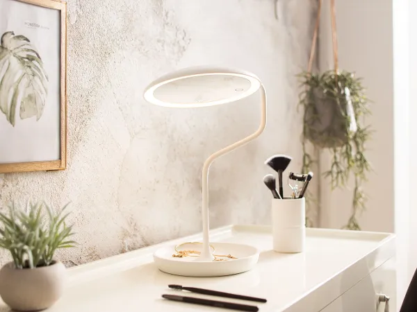 Moderner weiße Kommode mit einen Versailles Kosmetikspiegel, Topfpflanzen, Make-up-Pinseln und einem gerahmten botanischen Druck an der Wand.