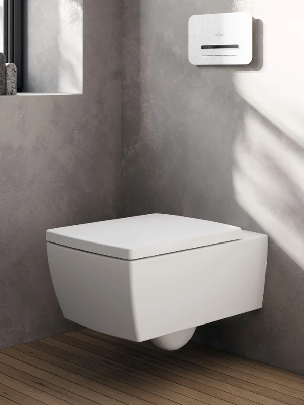 Wall-mounted toilet from the Memento 2.0 collection in pure white, featuring minimalist contours and timeless elegance for modern bathrooms.