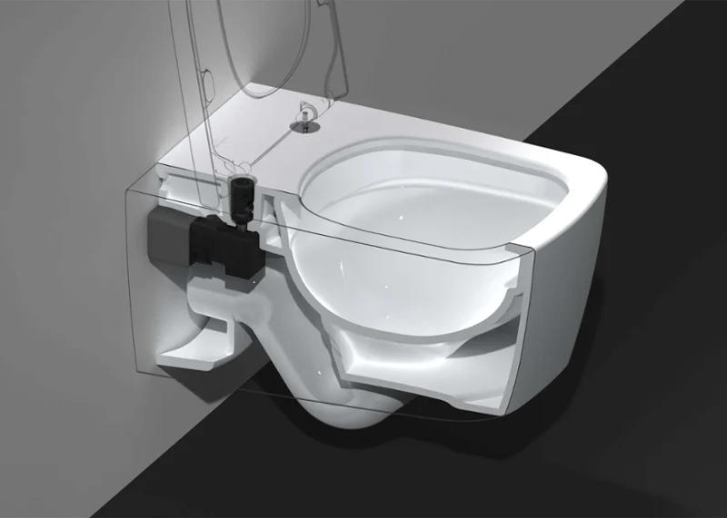 Vue en coupe d'un WC suspendu avec représentation de l'installation intérieure et de la structure de fixation.
