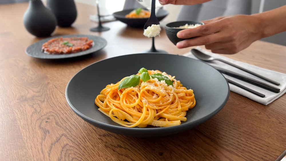 Aan een moderne eettafel wordt pasta gegarneerd met kaas in een kom van Manufacture Pasta, terwijl op de achtergrond wijnglazen te zien zijn.