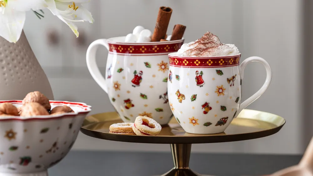 Christmas drinks served in Toy's Delight mugs