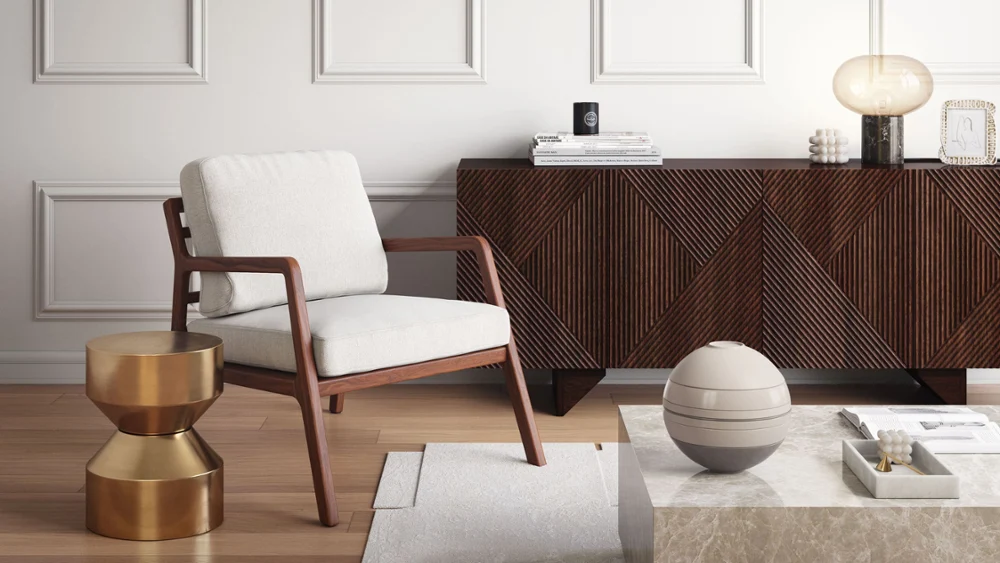 Een beige La Boule van Villeroy & Boch op een salontafel in een witte woonkamer met donkere houten meubels.